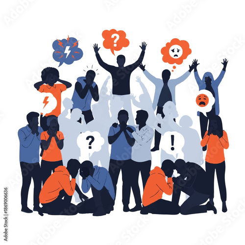 Diverse group of people reacting with various emotions and thoughts in a crowded scene