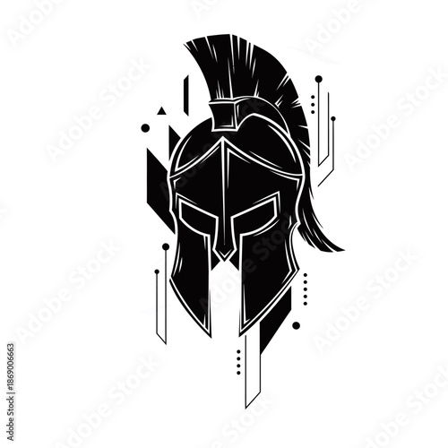 Black silhouette of a Spartan helmet with plume and abstract geometric background, graphic design.
