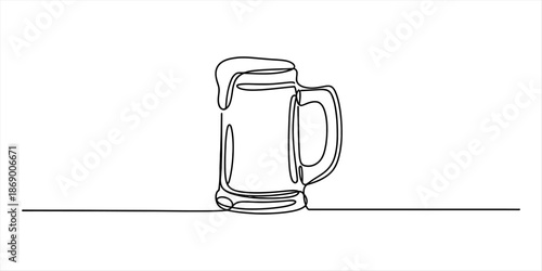 Continuous line art illustration of a beer mug with frothy foam overflowing Vector, illustration