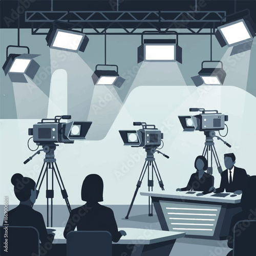 News anchors discussing current events in a television studio with camera equipment and studio lighting