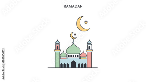 Mosque Illustration with Crescent Moon Symbol.