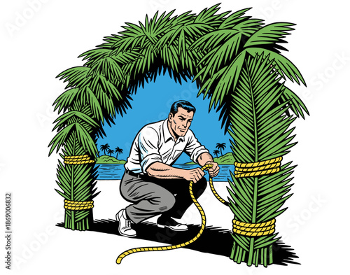 Pop Art Man Tying Rope to Palm Frond Arch. Tropical Island Survival and DIY Construction Comic Illustration.