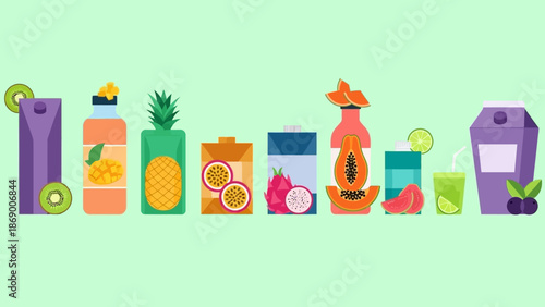 Colorful illustration of various fruit juice cartons and bottles with fresh fruits.