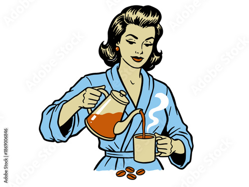 Retro Pop Art Woman Pours Coffee. Mid-Century Housewife Morning Routine Illustration in Robe with Coffee Pot.