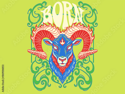 Vintage Psychedelic Ram Head Illustration with "BORN" text. Vibrant Aries Zodiac graphic, Retro T-shirt design, Neon colors.