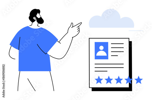 Man highlighting a professional profile or resume with a five-star rating, emphasizing evaluation and review. Ideal for recruitment, HR, rating systems, online profiles, job search, performance