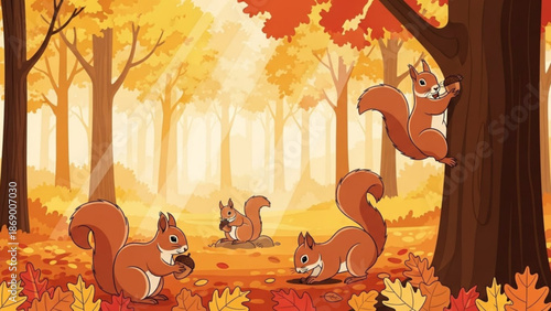 Four brown squirrels playing in an autumn forest with yellow and orange leaves on the ground and trees with warm sunlight filtering with fall