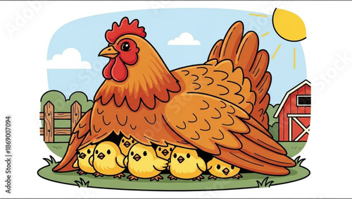 A mother hen standing protectively over her brood of adorable baby chicks on a sunny farm with a rustic barn and wooden fence with farmyard