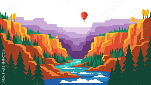 Scenic valley landscape with river and hot air balloon.