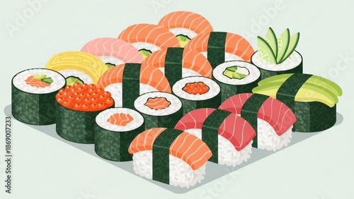 A vibrant assortment of sushi rolls and sashimi on a plate with various fillings including salmon and tuna on a white background with seafood
