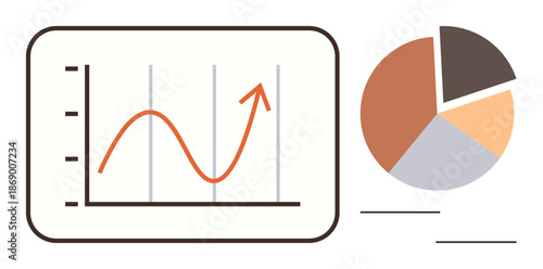 Business growth, market trends, data visualization, financial planning, statistical analysis, progress tracking. Line graph and pie chart data. Business growth and market trends emphasis