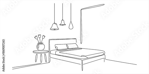 A minimalist line drawing showing a bedroom interior with a bed, side table, and pendant lights Vector, illustration