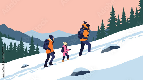 Family hiking together in a snowy mountain landscape.