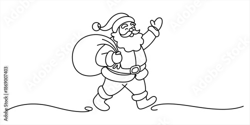 A simple line art drawing of santa claus walking and waving while carrying a big sack Vector, illustration