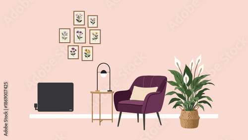Cozy living room with purple armchair and potted plant.