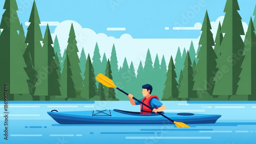 Man in a blue kayak paddling on a serene lake surrounded by tall green trees and a clear blue sky with white clouds on a sunny day with calm