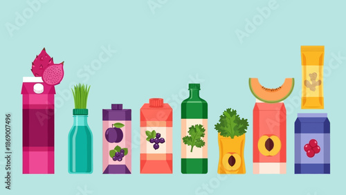 Assorted colorful bottles and tubes with natural ingredients on a pastel background.