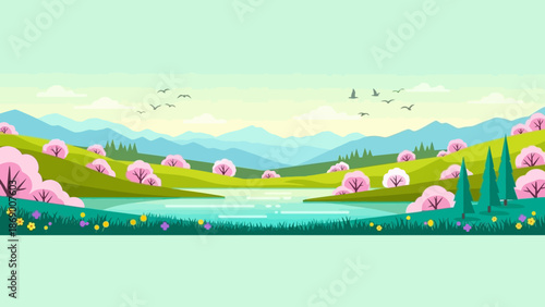 Serene landscape with blooming trees and a tranquil lake.