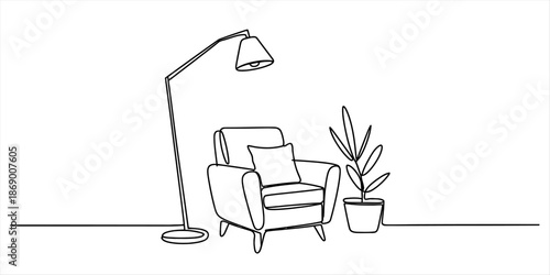 Continuous line drawing of an armchair, floor lamp, and houseplant for home decor concept Vector, illustration