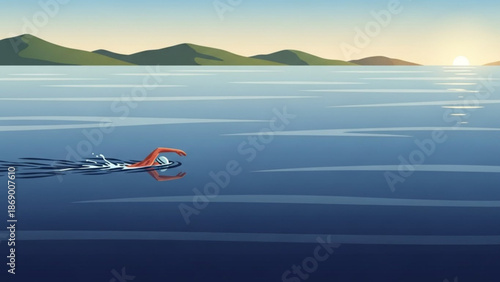 A serene lake scene with a boat speeding across the calm waters towards distant green mountains under a clear blue and yellow sky with nature