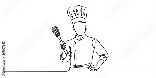 Continuous line drawing of a professional chef in uniform holding a whisk Vector, illustration