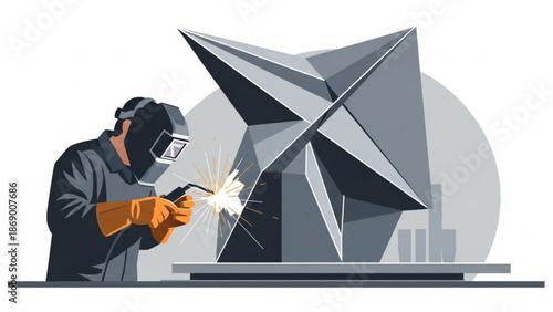 A skilled worker in protective gear welding a large geometric metal sculpture with sparks flying in a studio setting with cityscape with art
