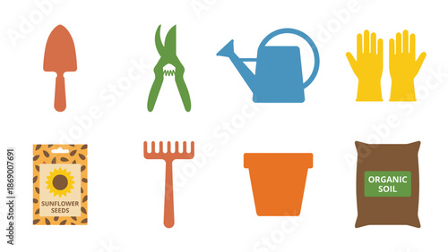 Essential Gardening Tools and Supplies Icon Set on White Background