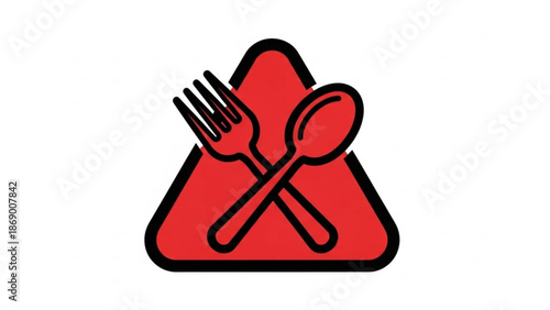 Red warning sign with crossed fork and spoon on white background indicating food warning or alert with red sign and food alert with caution