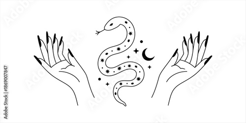 Mystic hands with long nails frame a magical snake and celestial symbols Vector, illustration