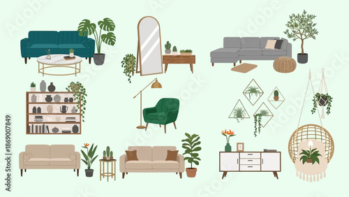 Assorted home decor elements including furniture and plants.