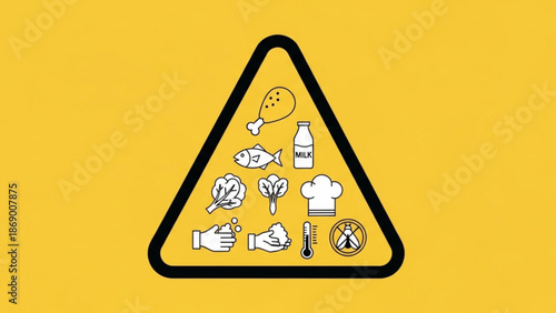 Food allergy warning sign with various food items and chef hat on yellow background with safety and alert and triangle and caution with icon
