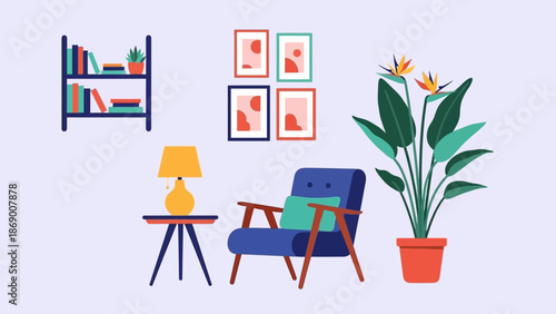Cozy living room with chair, table, lamp, bookshelf, and potted plant.