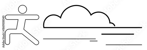 Stick figure in motion running with lines suggesting speed and a simple cloud. Ideal for movement, fitness, energy, determination, minimalism, sports, motivation. Clean and simple flat metaphor