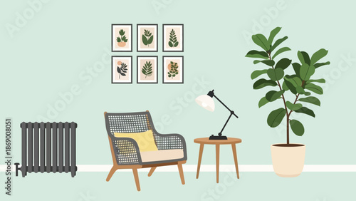 Cozy living room with chair, lamp, and plants in a serene environment.