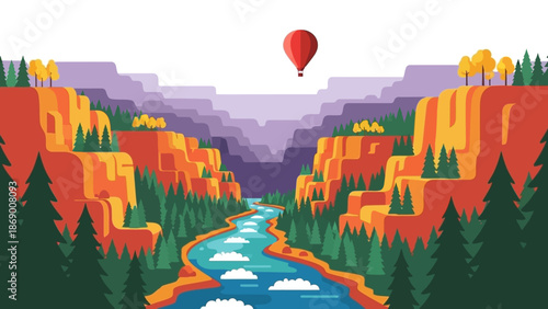 Scenic valley with river and hot air balloon in pixel art style.