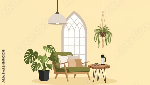 Cozy reading nook with chair, plants, and lamp in a serene indoor setting.