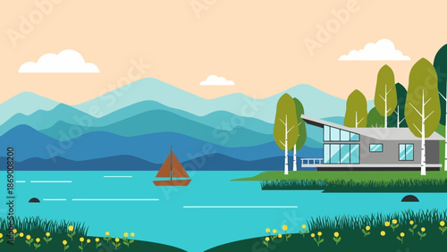 Serene lakeside landscape with modern house and sailboat.