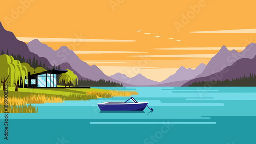 Serene lake landscape with boat at sunset near a house.