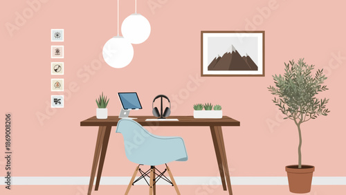 Modern home office workspace with laptop and potted plants.