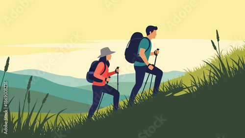 Two hikers with backpacks trekking up a grassy hill with scenic mountain landscape.