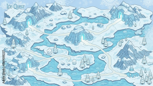 Snowy mountain landscape with icy river and trees in a fantasy world map setting with a blue sky with winter illustration and cold with style
