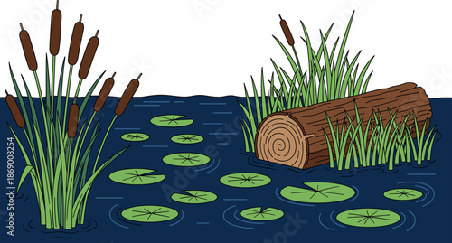Vector illustration of a dark blue pond with lily pads, a fallen mossy log, and tall bullrushes isolated on white background.