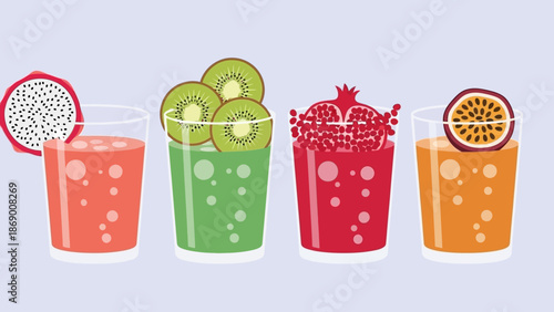 Colorful fruit smoothies with various toppings and garnishes.