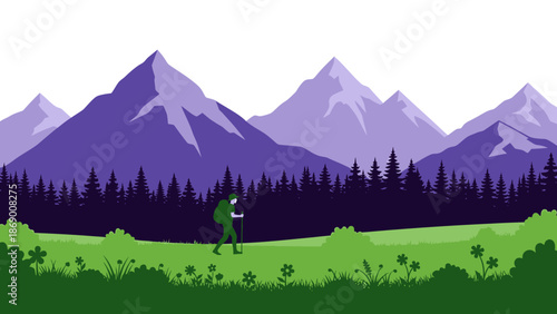 Man jogging in a serene mountain landscape with lush green field.
