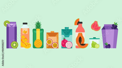 Colorful illustration of various fruit juices and smoothies with ingredients.