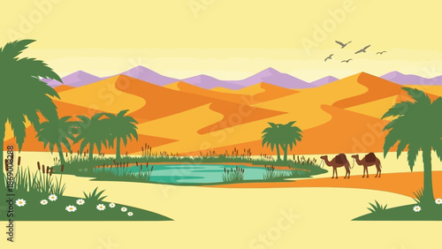 Serene desert oasis landscape with camels and palm trees.