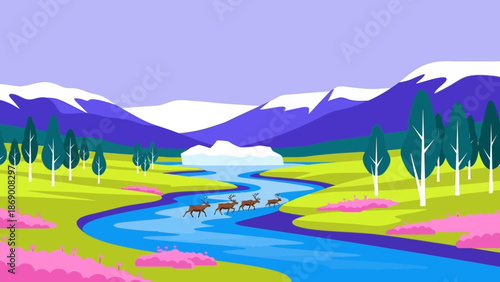 Serene landscape with river and mountains in the background.