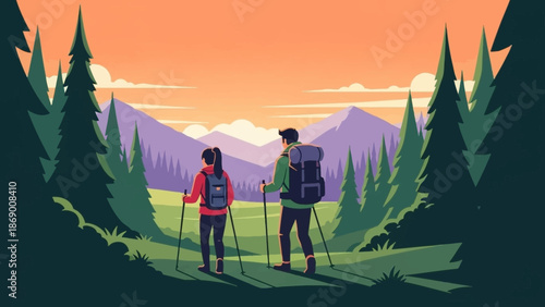 Couple hiking together in a serene mountain landscape at sunset.