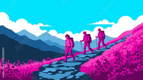 Three hikers walking on a mountain trail with backpacks and trekking poles.