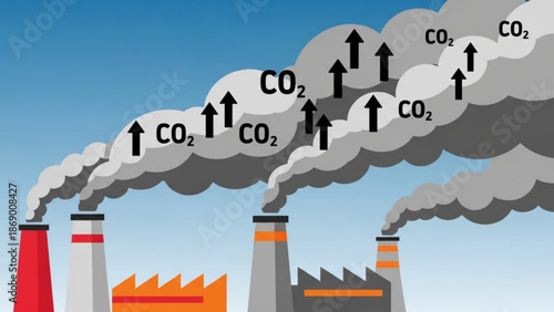 Industrial pollution with co2 emissions from factory smokestacks rising into the atmosphere contributing to environmental pollution with smog